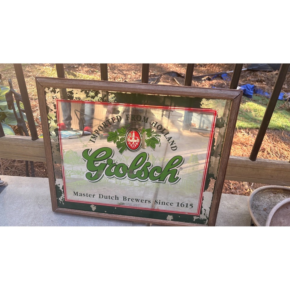 Vintage Grolsch Beer Bar Mirror Master Dutch Brewers Since 1615 Wood Frame 21x17